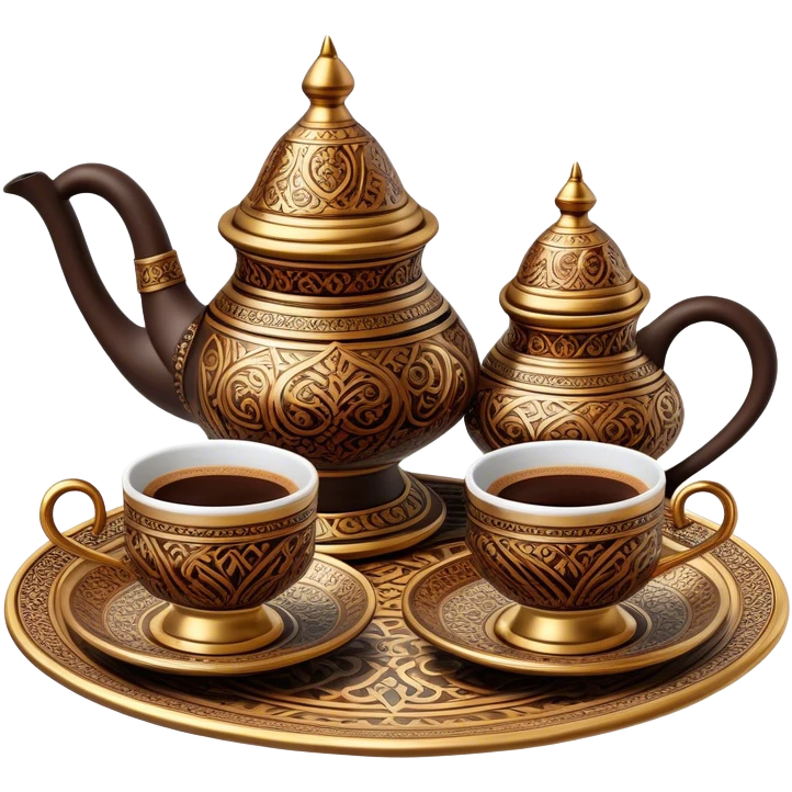 Turkish Coffee Set – Cinematic Realistic Turkish Coffee Set, depicted as an elegantly arranged ensemble of ornate coffee cups and a traditional cezve pot, adorned with intricate patterns and rich, warm colors, rendered with detailed textures and soft ambient lighting that captures its cultural heritage. emoji