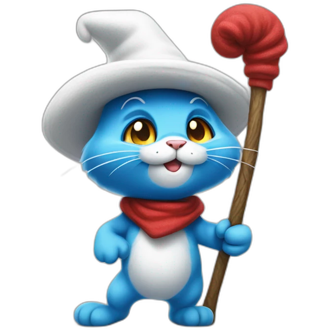 Smurf cat wear a white hat walking on a stick emoji