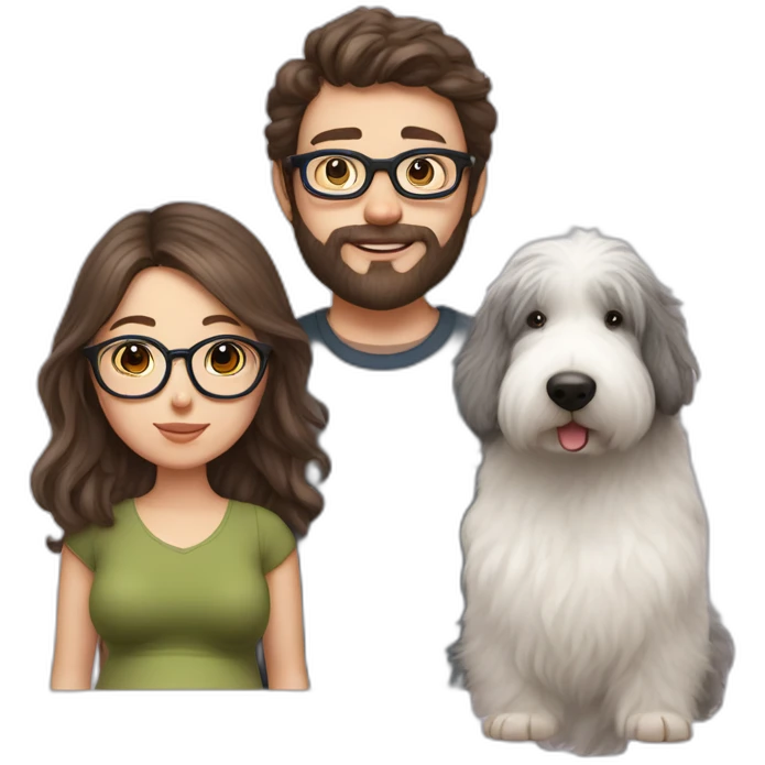 Hyperrealist pregnant girl with half long brown hair with glasses, a boy with long beard, glasses and short hair and english sheepdog emoji