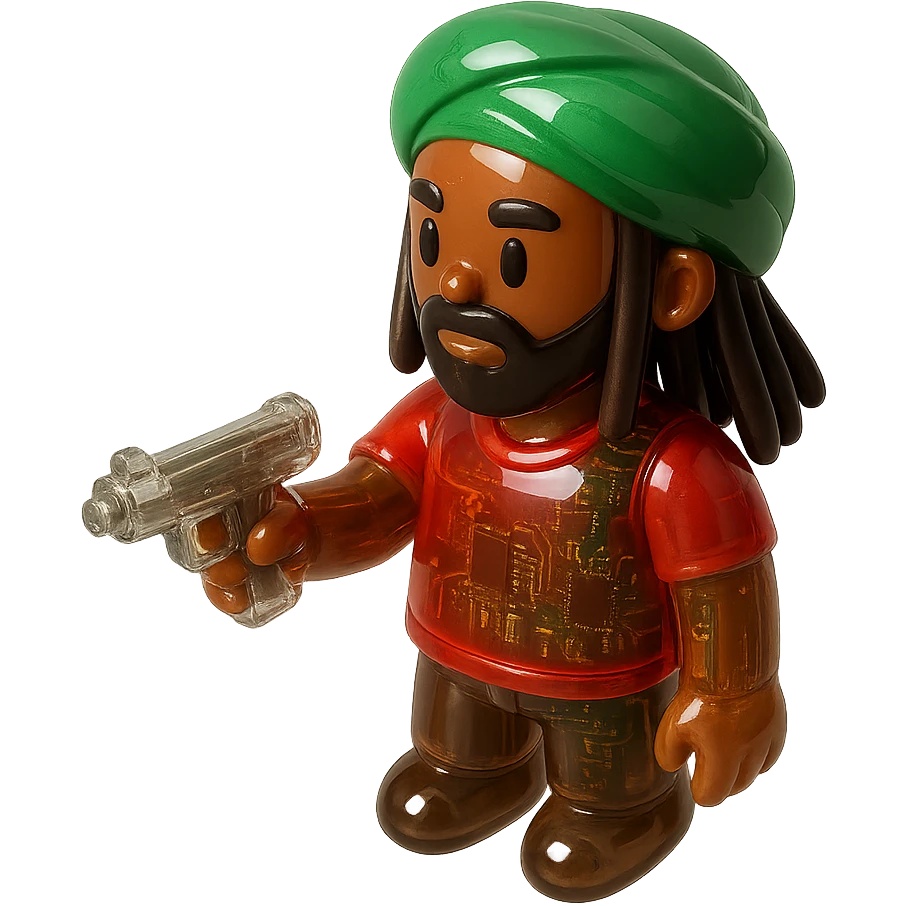 Brownskin man with long brown dreadlocks 
red t-shirt 
green turban 
expression is holding a a gun emoji