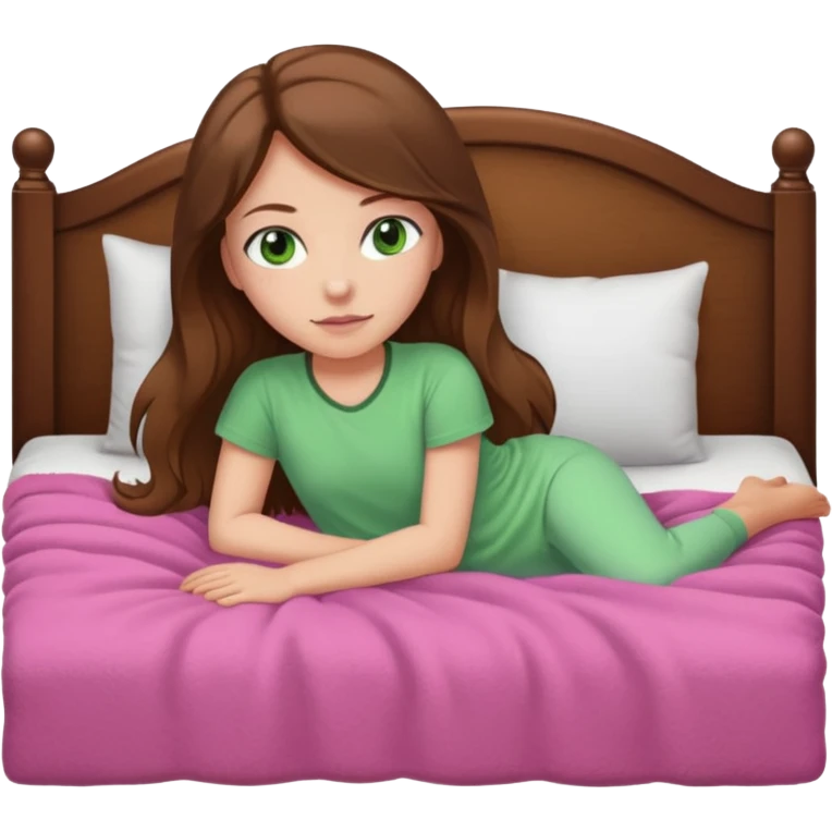 Girl with medium white skin tone and greens eyes and long brown hair laying in bed with a tan padded headboard and pink fuzzy blanket emoji