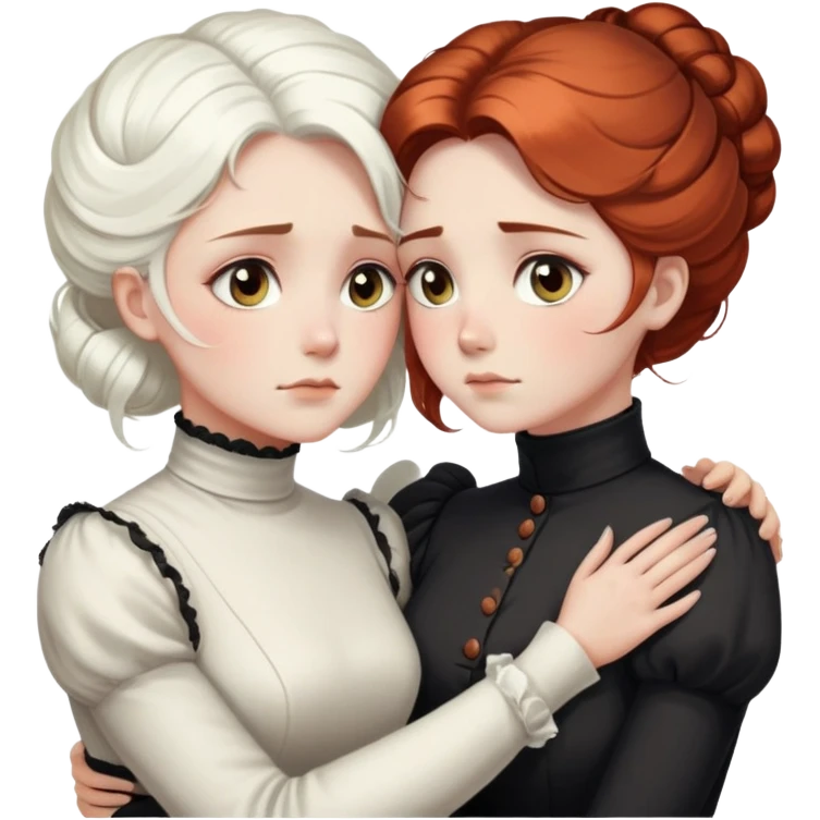 Two Victorian women with light eyes, one with bright white coiffed hair and one with dark copper coiffed hair, wearing Victorian turtleneck dresses, embracing each other in a sad, intimate hug emoji