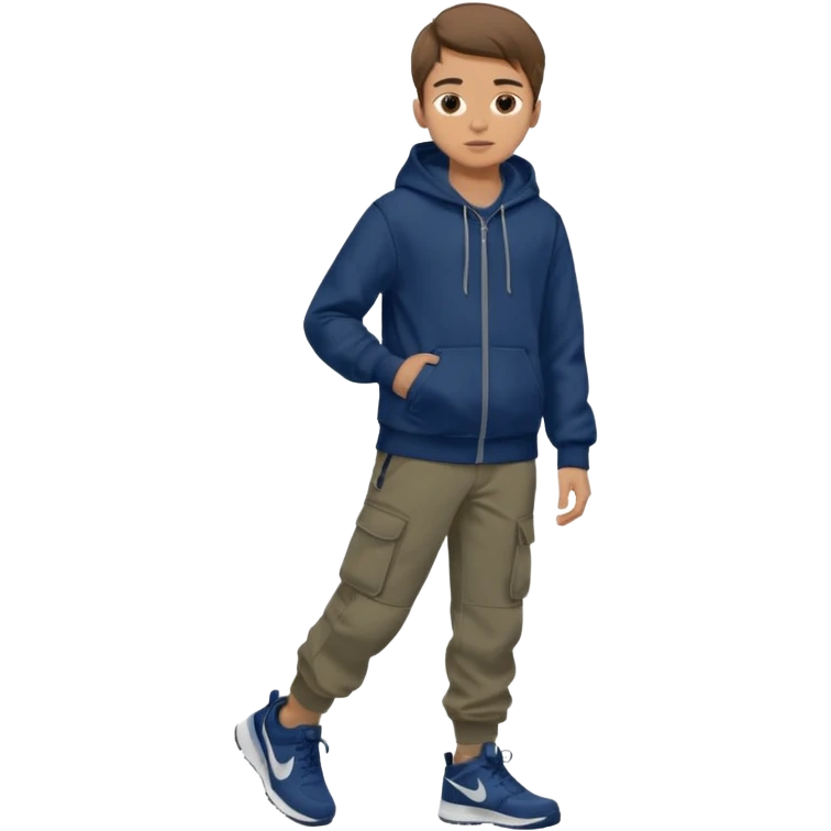 boy with brown hair light skin dark blue hoodie black cargo pants grey nike shoes emoji