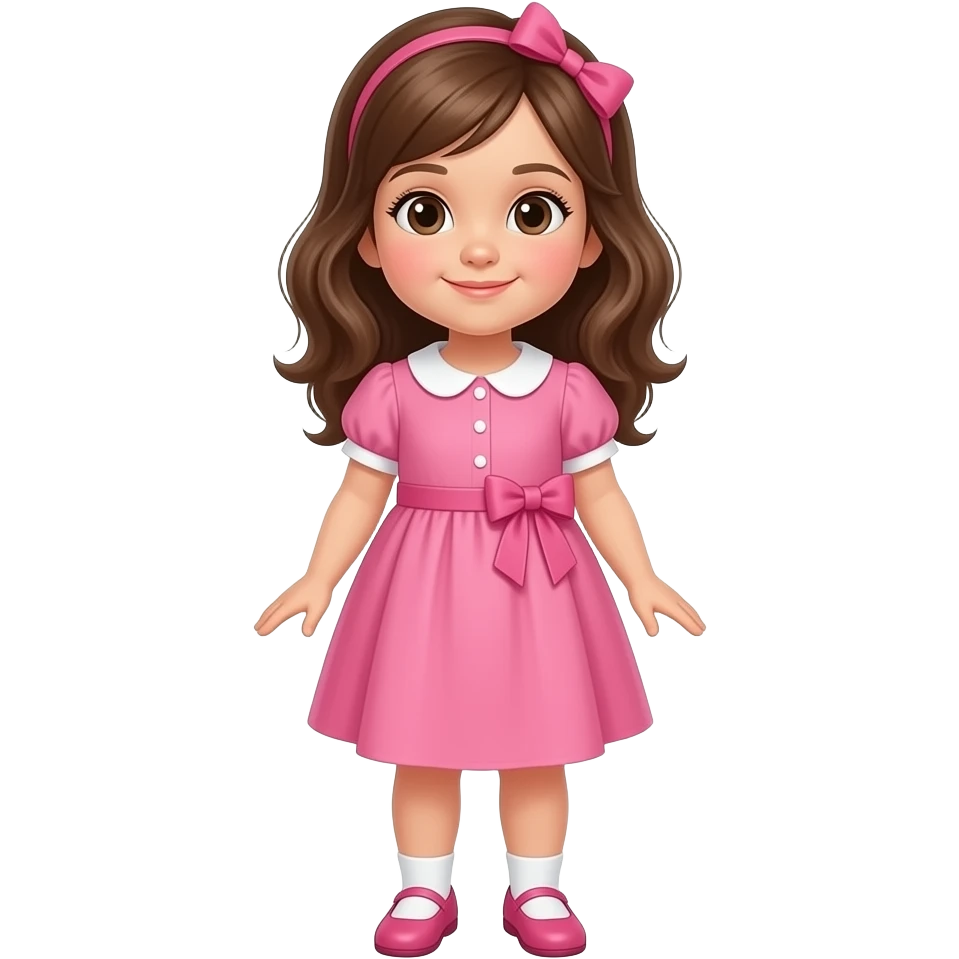 Niña de 1 año y 8 meses cuerpo completo de cabello castaño con vestido rosa con blanco emoji