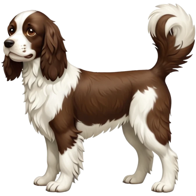 cinematic-[Springer Spaniel]-realistic-full-body-standing-emoji,-tail-resting-loosely-beside-its-paws,-head-tilted-dramatically, -scruffy-[brown and white]-fur,-simplified-yet-realistic-focused-features,-highly-detailed,-glowing-with-an-almost-sarcastic-glow emoji