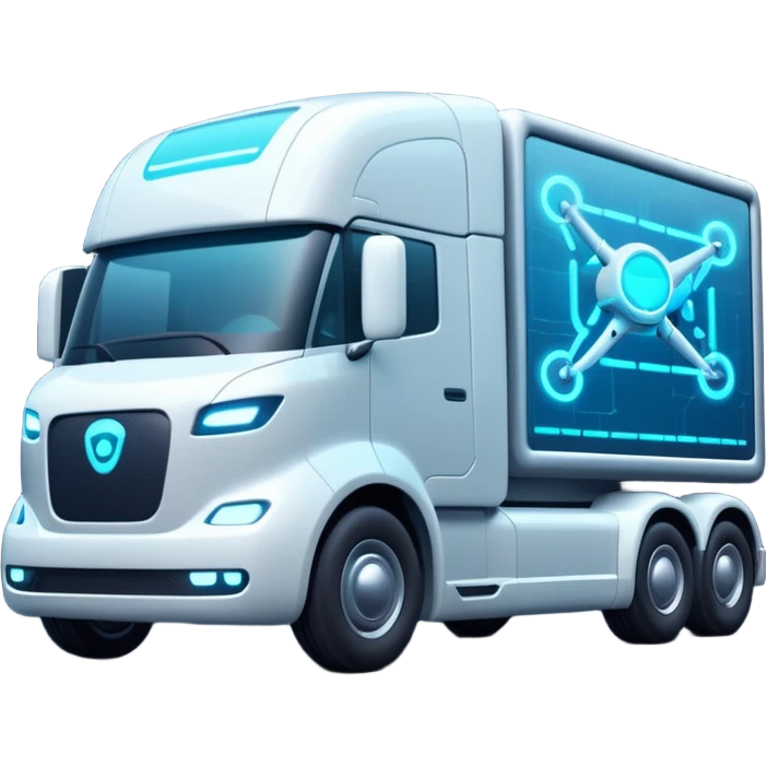 create a realistic emoji of a futuristic warehouse automation, autonomous trucks, smart drones, and glowing data networks — cinematic lighting, innovation atmosphere. emoji