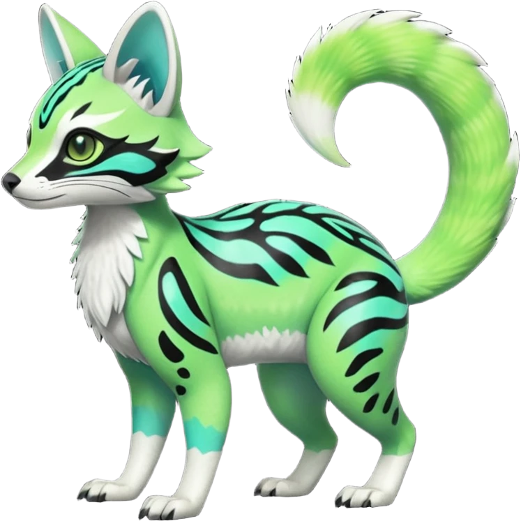 Rare realistic iridescent neon lime-green & cyan white black lush tropical exotic edgy epic pretty beautiful handsome gorgeous aesthetic colorful vibrant Vernid-Protogen-Primagen-Genet-Trico-species-Fakemon-hybrid-creature by LiLaiRa, beautiful intricate markings, full body emoji