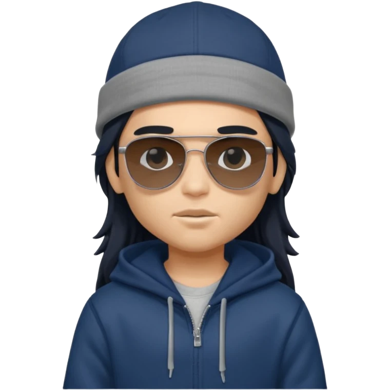 generate a fair pretty bratz boy wearing a dark blue cap with black sunglasses and a grey hoodie

hair black long emoji