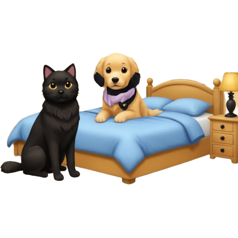 1 golden retriever and 1 black cat in a bedroom emoji