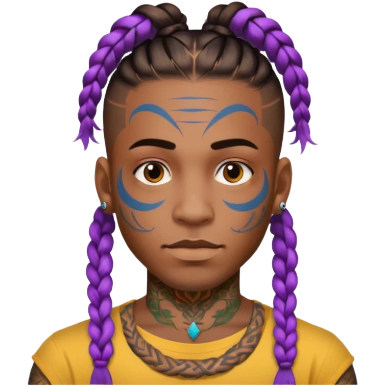 big lose braids starting from the top of the head man with mustache face wiith big visible braids and lots and lots of colored face tattoos colored tattoos like a tattoo artist hair unique color emoji