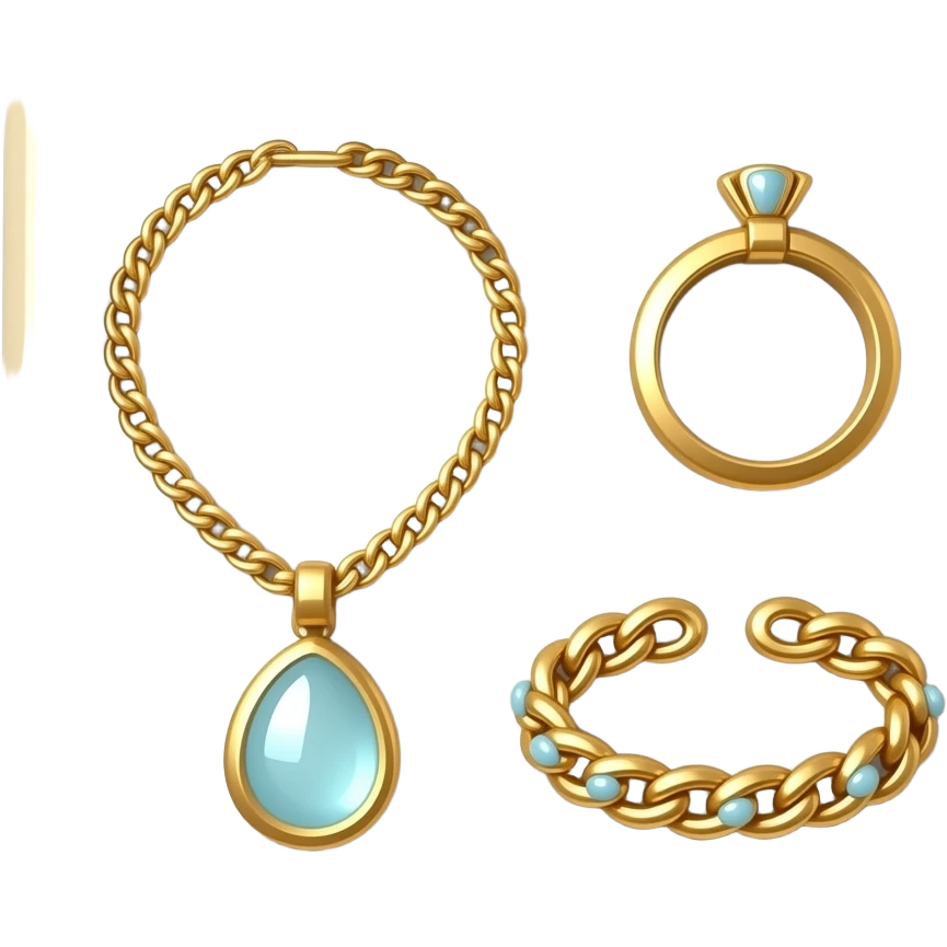 a necklace, a ring and a bracelet in a small box. emoji
