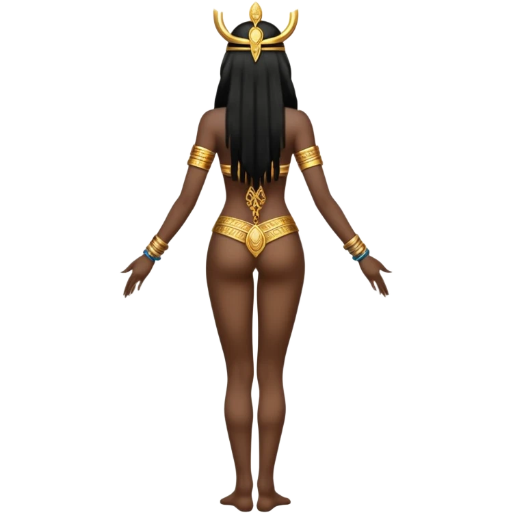 fullbody back view of Anunnaki goddess Inanna with long black hair, Mesopotamian symbols, naked back, short gold bracelets on wrists and gold anklets on feet, arms positioned down at sides, medium-dark brown skin emoji