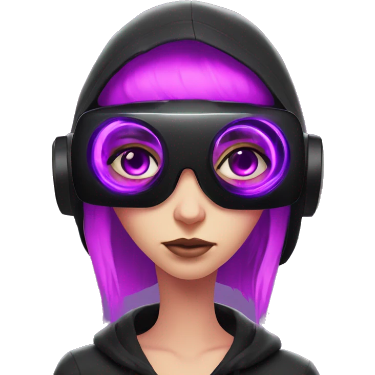 Russian girl wearing black hoody with violet letters "OMG", in vr headset. Cyberpunk style. Violet neon. emoji