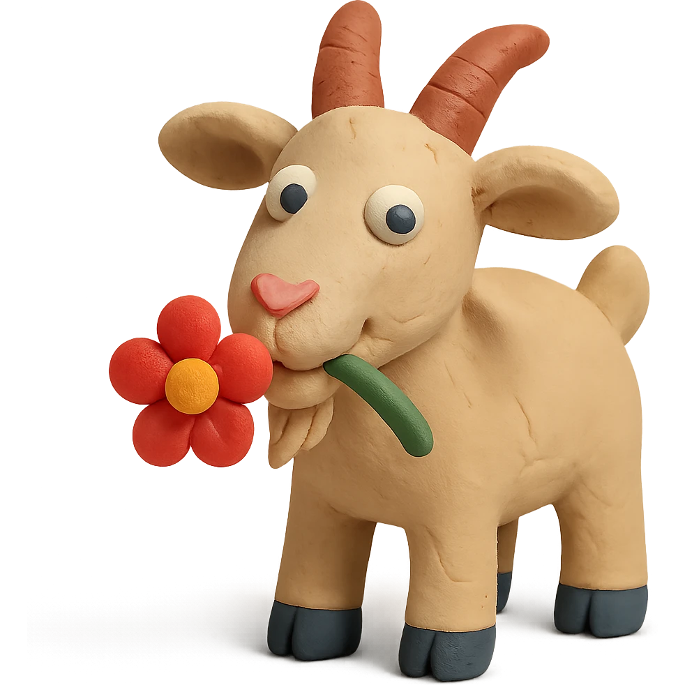 goat chewing on a flower, cute and whimsical, matte finish, claymation style emoji