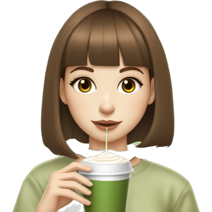 Chestnut brown haired straight haired girl with hazel eyes and bangs  and pale skin sipping a matcha latte, she also has tiny silver hoop earrings in emoji