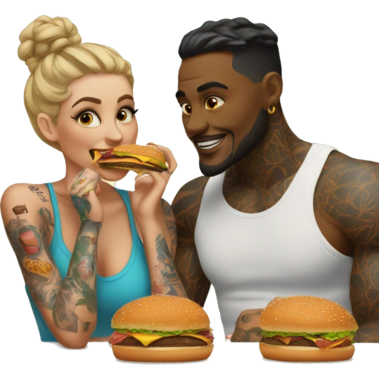 Beautiful tattooed couple eating burgers emoji