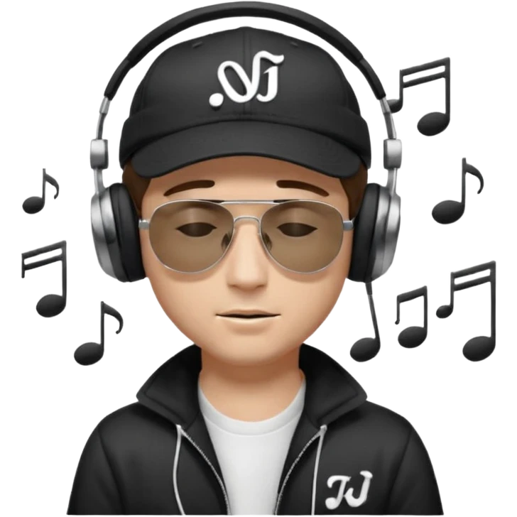 dj man white with baseball cap - rayban Sun Glasses 80s - brown hair - closed eyes with headphones on with musical note over head (listening to music ) - eyes closed no glasses - black hat  musical notes floating around head -  emoji