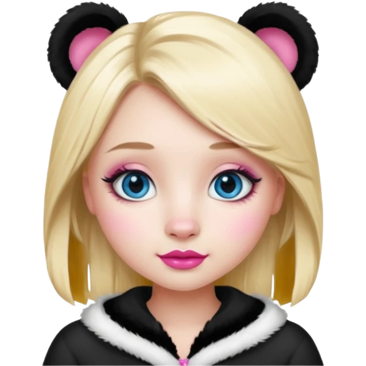 Blonde girl with lashes and  blue eyes pink lips (Barbie) in a panda outfit emoji