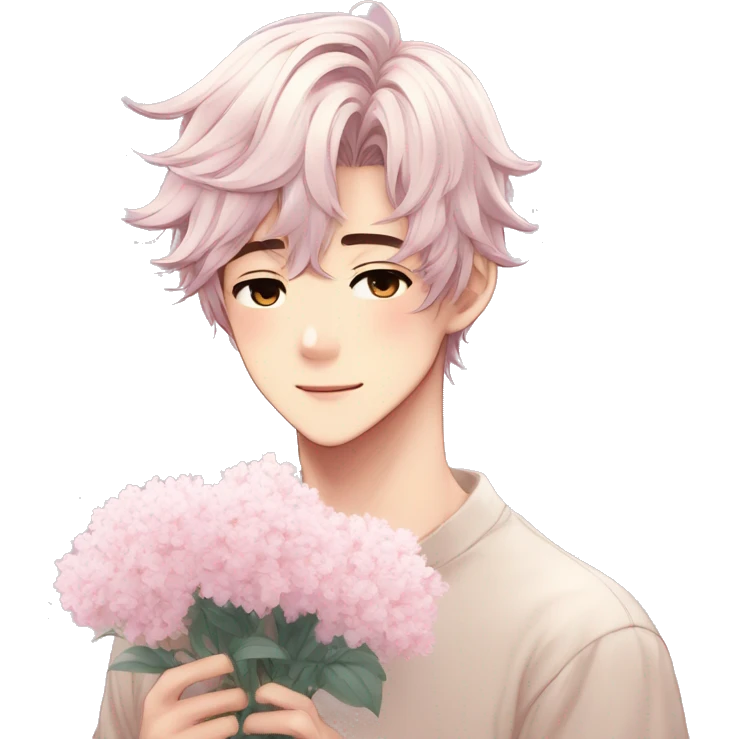 Gorgeous pastel anime style shojo guy with blushing face and flowers aesthetic trending style outside emoji