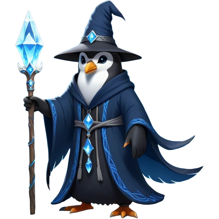 A mysterious penguin mage with sleek midnight-blue feathers, wearing a flowing black robe adorned with silver runes. A tall, pointed wizard hat sits slightly tilted on his head, the brim casting a shadow over his glowing icy-blue eyes. His flipper clutches an ancient wooden staff topped with a swirling crystal, radiating a soft, cold light. Snowflakes drift around him as he stands on a frozen cliff, his aura crackling with arcane energy, ready to summon a blizzard with a flick of his staff. emoji