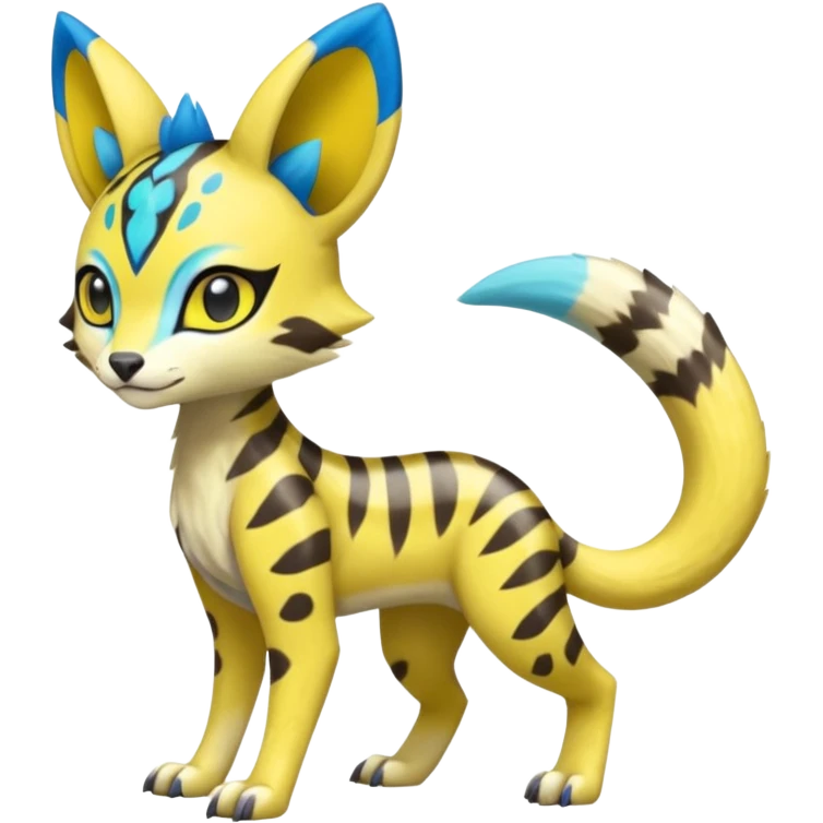Colorful Yellow Meloetta-Sergal-Genet-Pokémon-Digimon-Fakémon-fusion-hybrid-creature with Cyan stripes and blue leopard-spot-markings  emoji