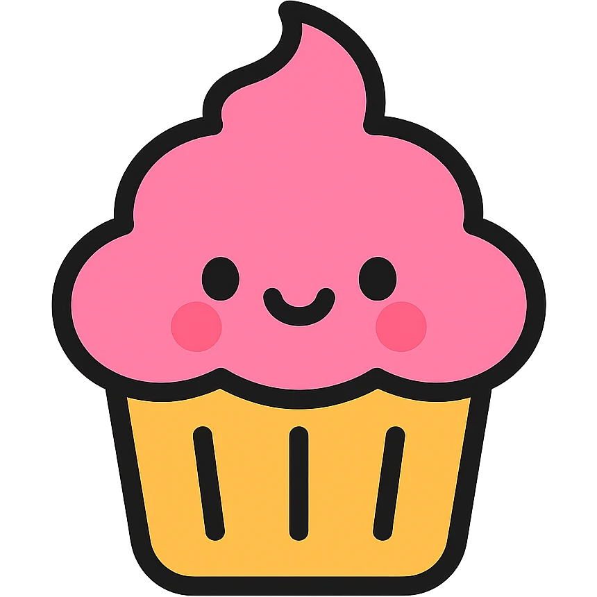 cupcake with pink icing, cute face emoji