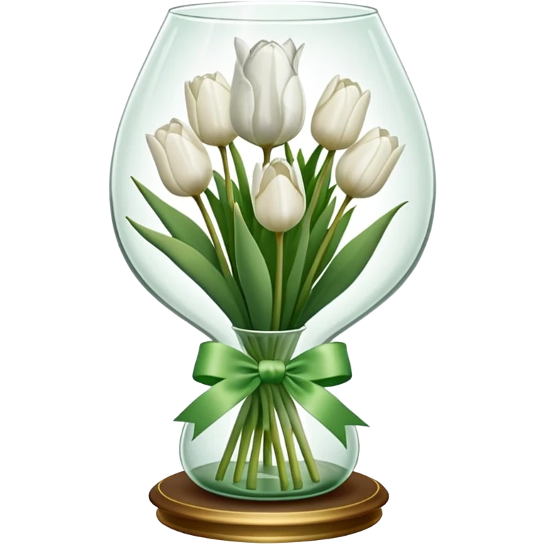 White tulips in case, with a green ribbon emoji