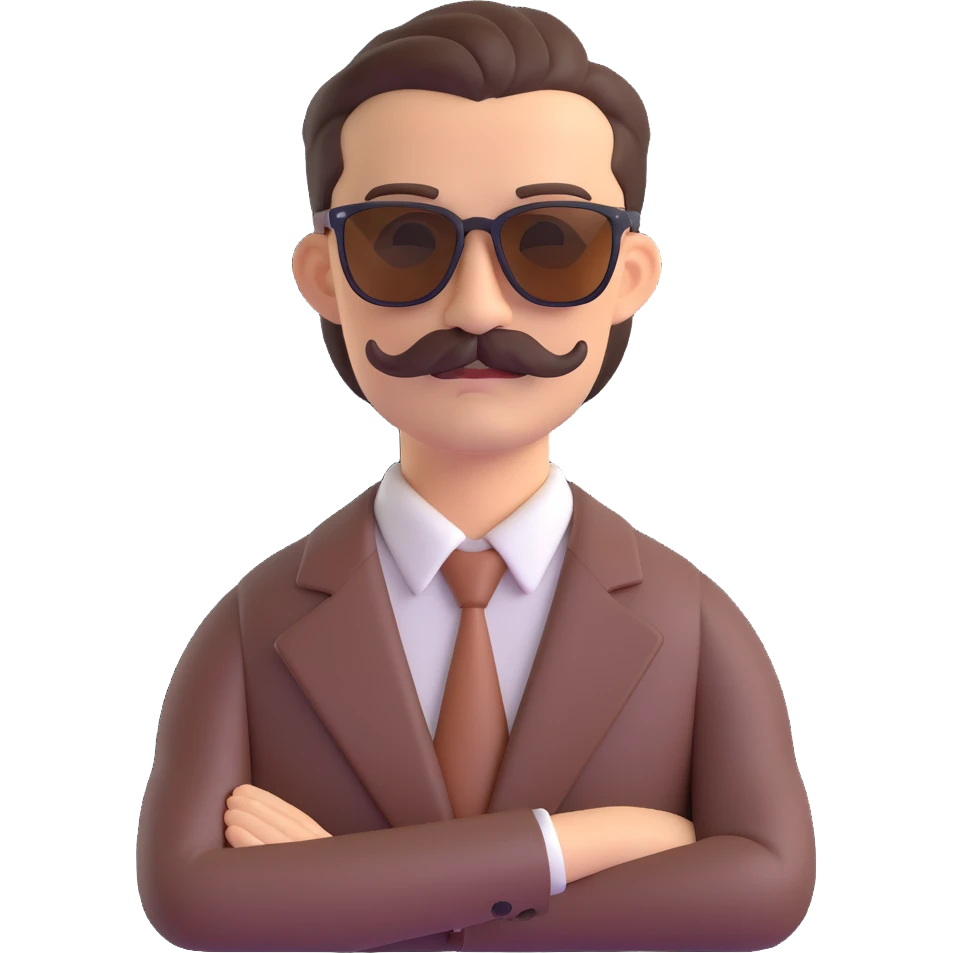 confident man with brown slicked-back hair, thick mustache, sunglasses, mafia boss vibe emoji