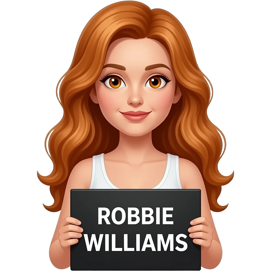 sexy girl with long wavy ginger hair and ginger eyes wearing a white tanktop is holding a black colored sign with ROBBIE WILLIAMS written on it emoji