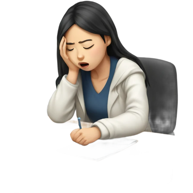 tired asian girl student struggling with exam and assignment emoji