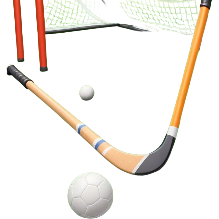 A field hockey stick and ball resting on a well-maintained green grass field, with the goalposts and markings visible in the background. The scene highlights the precision and focus of the sport, with the vibrant green pitch creating a dynamic atmosphere. emoji
