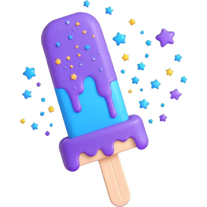 A 3D iOS style emoji of a melting popsicle with a purple and blue color scheme, surrounded by stars and sparkles. emoji