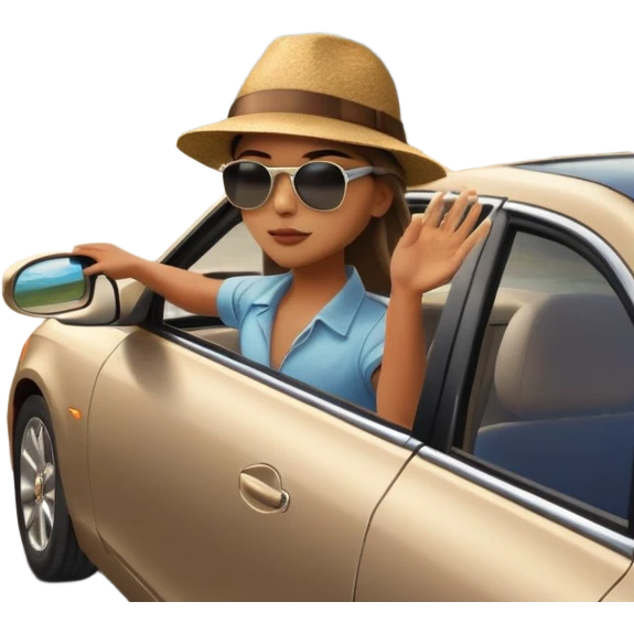 A person stands outside of to a car parked on the side of a long, open road. The sky ahead is clear and glowing, full of possibilities. One hand is on the steering wheel, the other points forward. The rearview mirror reflects storm clouds, but the windshield shows sunlit mountains ahead.  emoji
