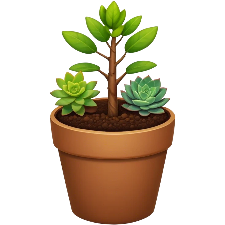 Close-up of a potted sapling in rich soil surrounded by vibrant plants and succulents. Bright sunlight filters through the window, casting soft shadows. Nearby gardening tools rest on a wooden table. Cozy indoor atmosphere with greenery and flowers. emoji