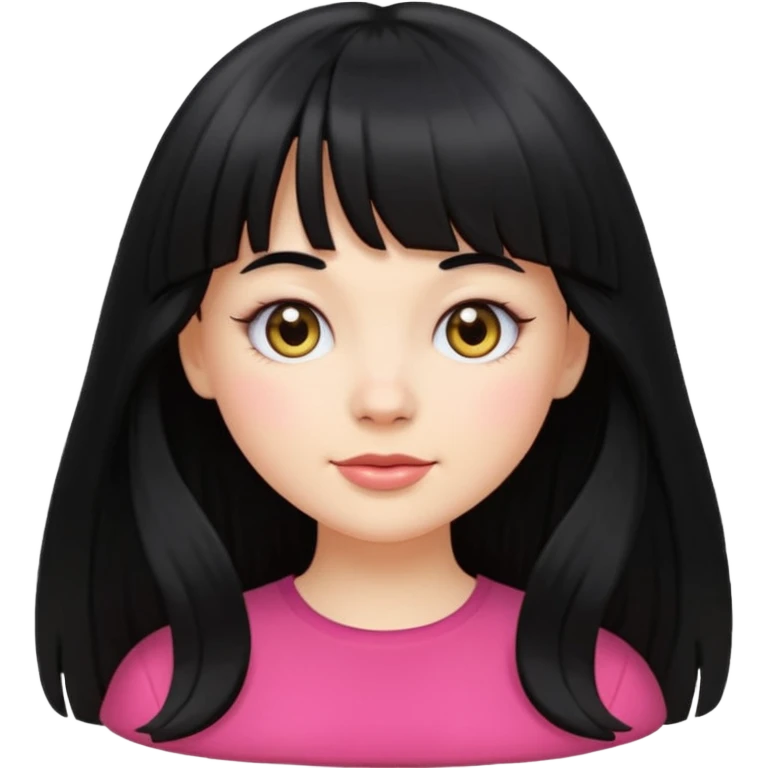 pretty white girl with long black hair and thick bangs, simple facial features, round face, emoji style emoji