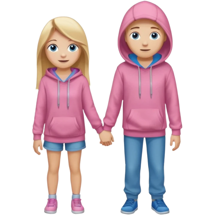 full-length happy couple, girl with long blonde hair and blue eyes in pink hoodie, boy with brown hair in gray hoodie emoji