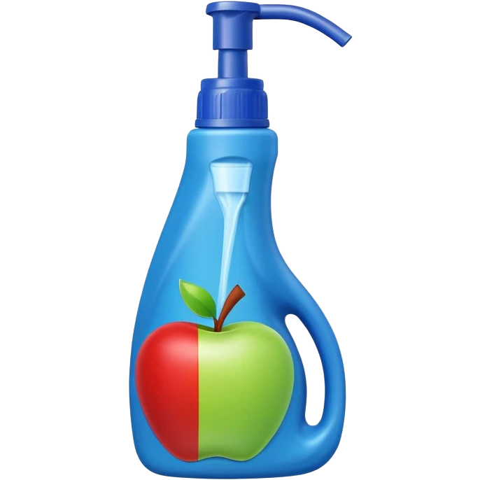 angled plastic squeeze bottle with curved neck and pointed nozzle for toilet rims, opaque or slightly translucent, bold colors blue, green, red, firm ergonomic shape, no label, brush, or toilet, apple emoji style, soft lighting, subtle shadows, transparent background, emoji scale emoji