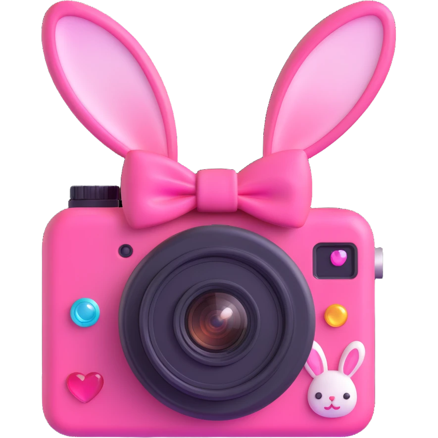 Recreate this exact pink kawaii camera with all the same details including bow, bunny, heart, gem, buttons, and photo coming out in a 3D iOS emoji style. Use soft shading, rounded edges, and glossy highlights to keep the playful and cute look, making it look like a 3D Apple emoji. emoji