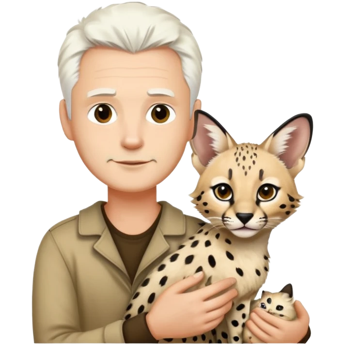 Man with white hair holding one African serval emoji