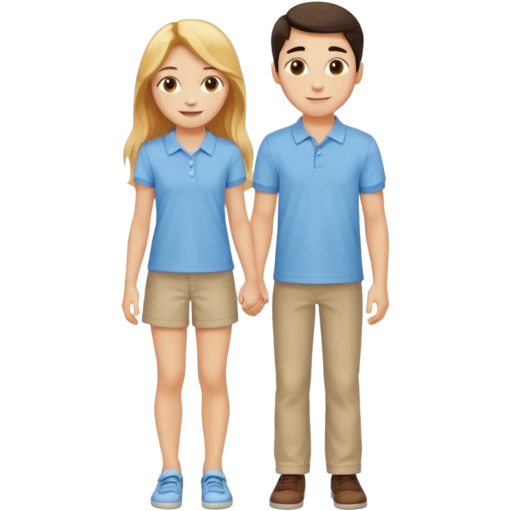 full-length happy couple, girl with long golden hair and hazel eyes in summer outfit, boy with dark hair in light blue polo emoji