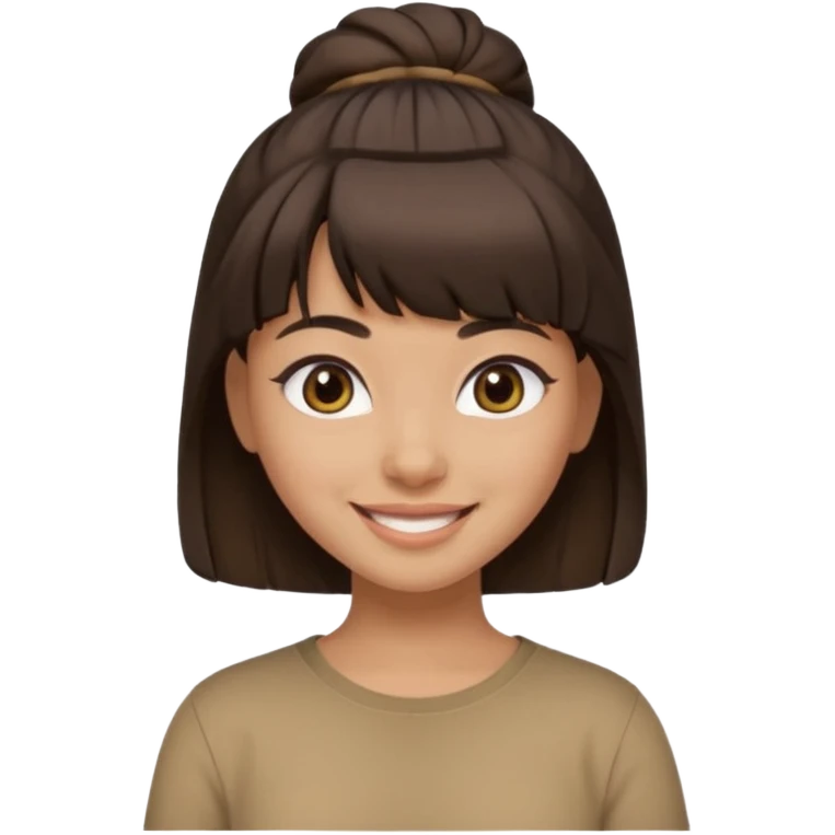 In Apple Memoji format, a girl with dark brown hair. She has bangs and her hair is in a singular high bun. The girl is arab and has light brown skin. She is wearing a brown shirt. She is smiling but is not showing her teeth.  emoji