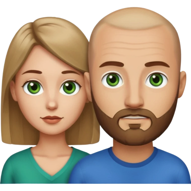 Man on left with shaved head with dark blonde beard and blue eyes, woman on the right with long dark brown hair green eyes  emoji