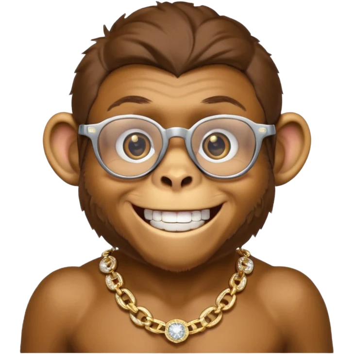 rich monkey (actual monkey, not human looking) with glasses smiling with diamond grillz and a bitcoin golden chain with diamond pearls emoji