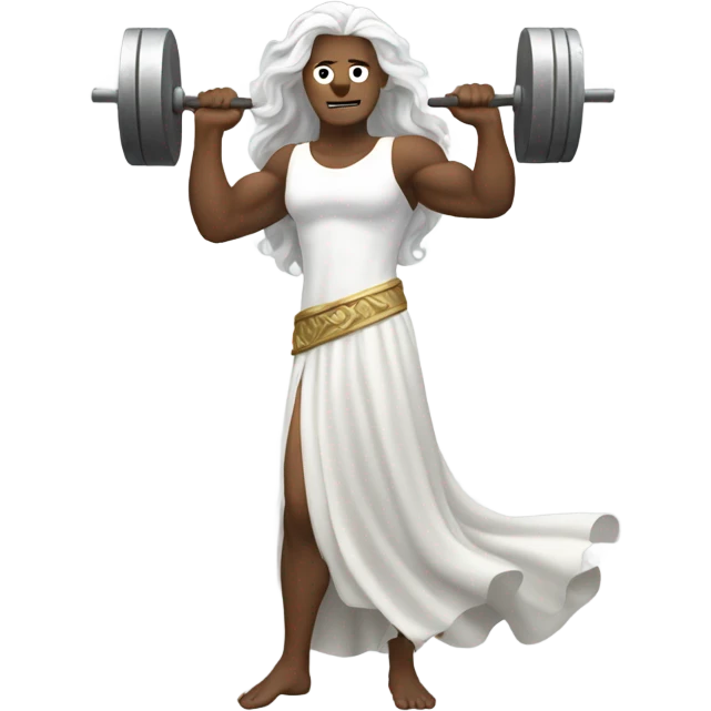 white Poseidon lift weight . long white hair white dress. emoji