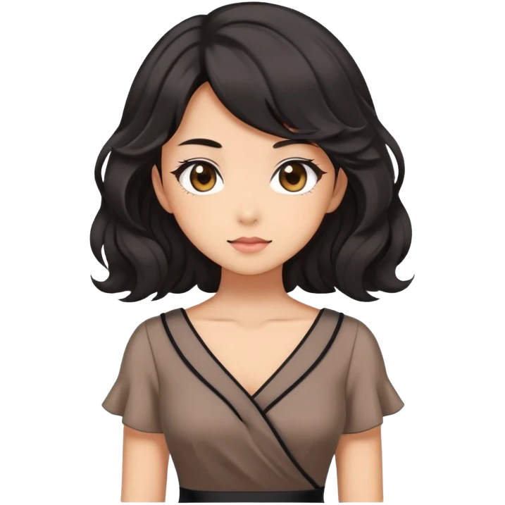 Cute kawaii gorgeous anime lady with black wavy hair wearing a soft feminine dress but looking confident like a boss lady emoji