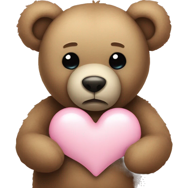 Teddy bear with sad eyes holding a pastel pink heart emoji