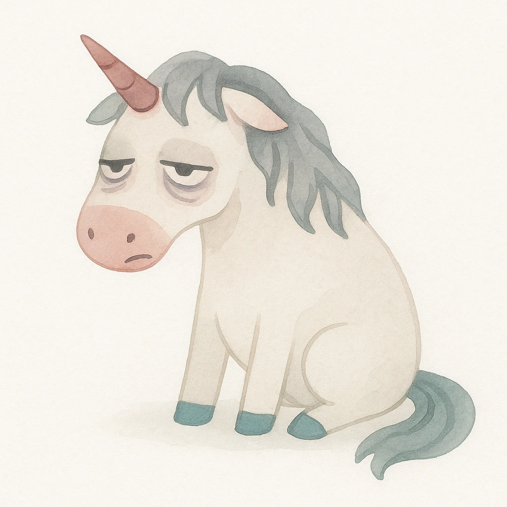 a disgusting, rumpled unicorn with bags under his eyes and a drooping horn, in a painterly style emoji