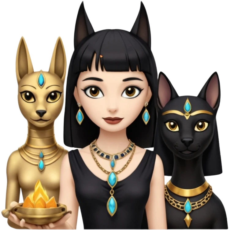Smiling Witchy-mannered smoky-evil-eyed real Audrey Hepburn cleopatra Anubis conjuring Protecting silky black-haired tiny chained-adorned statuette-scale dessert scenery stone-age cracked emoji