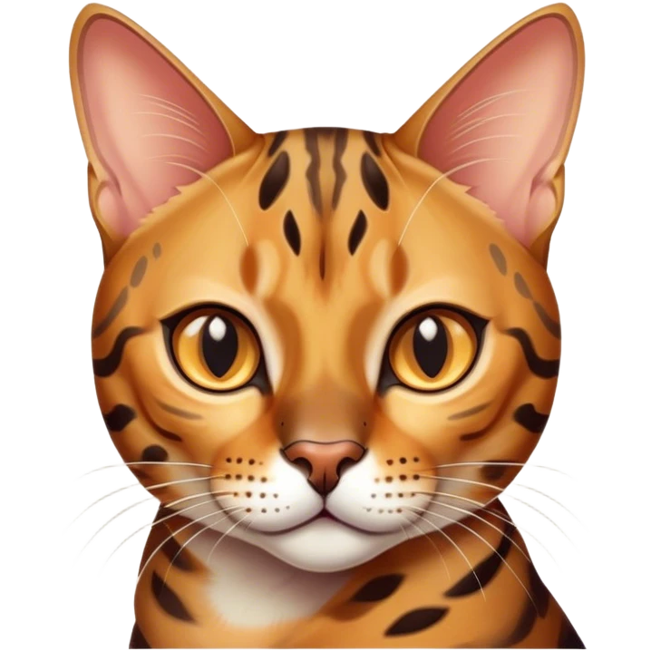 Cinematic Bengal Cat Portrait Emoji, Elegant and striking, sleek spotted brown and gold tones, Simplified yet sharp features, highly detailed, glowing with a warm, confident glow, high shine, playful and curious, stylized with an air of grace, focused and attentive, soft glowing outline, capturing the essence of agility and confidence, so lifelike it feels as though it could spring into motion at any moment! emoji