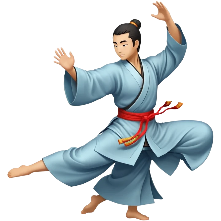 Emblem symbolizing Wushu martial arts. A graceful martial artist performs a dynamic kung fu pose, with flowing movements and a long, elegant robe. The background features stylized clouds and traditional Chinese symbols, representing fluidity, balance, and precision. Transparent background. emoji